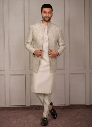 Cream Silk Kurta Payjama with Jacket with Embroidered Work