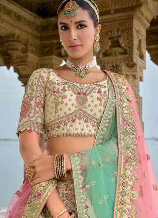 Cream Silk Lehenga Choli with Embroidered, Khatli, Sequins, Thread and Zari Work for Bridal