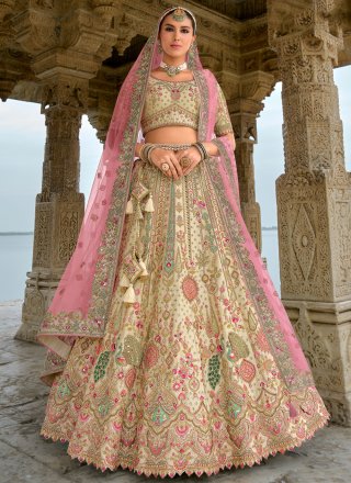 Cream Silk Lehenga Choli with Embroidered, Khatli, Sequins, Thread and Zari Work for Bridal
