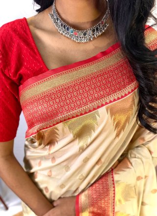 Cream Silk Print Work Traditional Saree for Casual