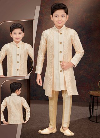 Cream Silk Sherwani Kids Wear with Machine Embroidery and Thread Work for Kid