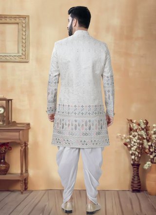 Cream Silk Sherwani Mens Wear with Embroidered, Sequins and Thread Work for Men