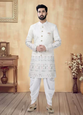 Cream Silk Sherwani Mens Wear with Embroidered, Sequins and Thread Work for Men