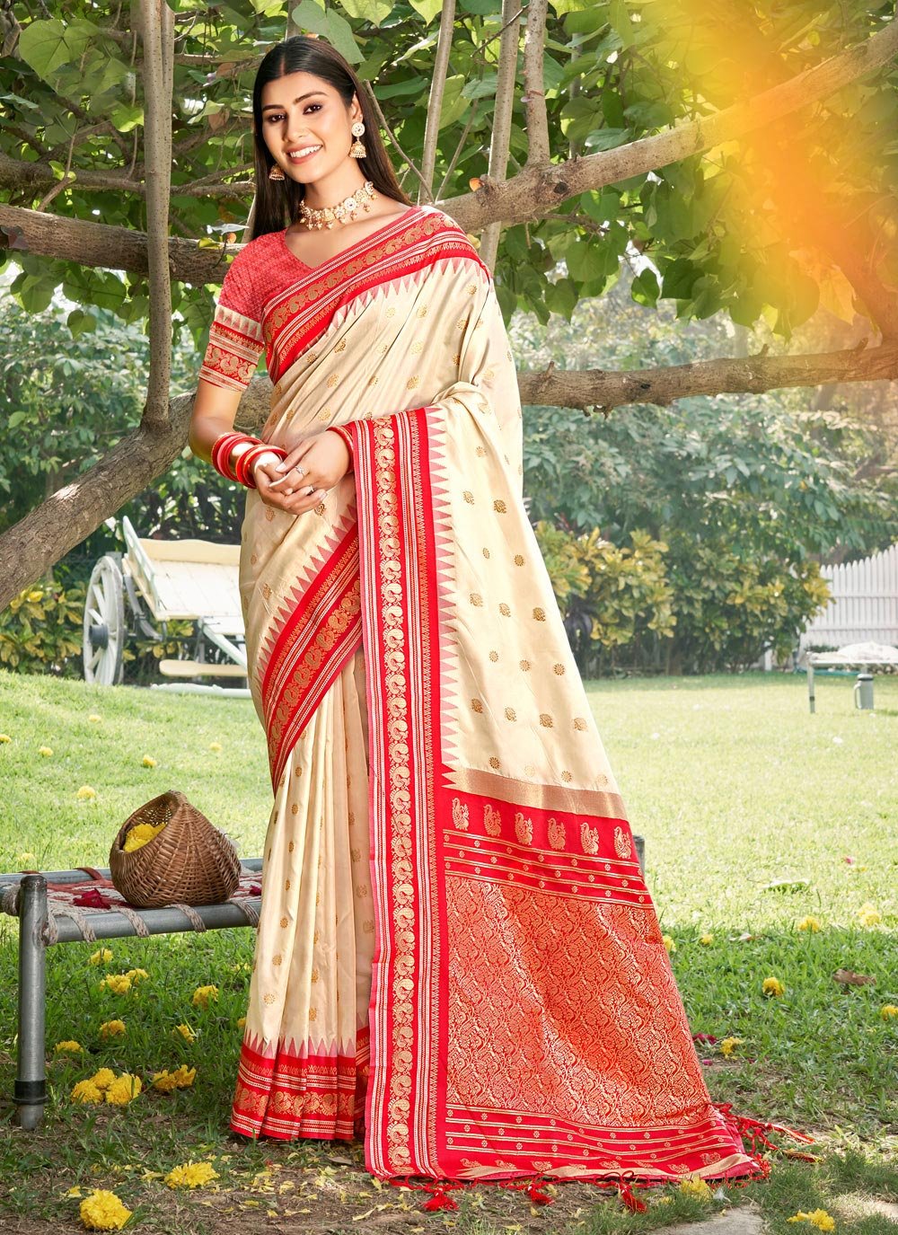 Banarasee Handwoven Red Border Saree With Self Weaving design-Silver