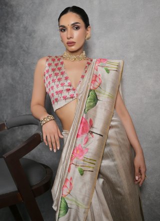 Cream Tussar Silk Classic Sari with Print Work for Women