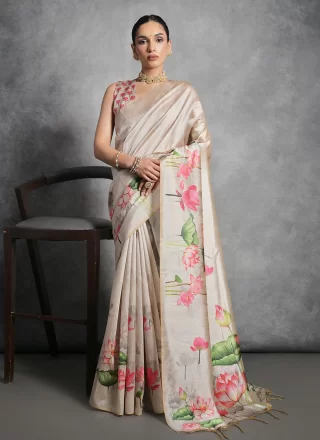 Cream Tussar Silk Classic Sari with Print Work for Women