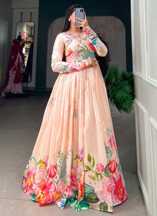Cream Tussar Silk Floral Patch Work  Designer Gown