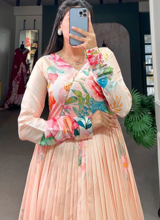Cream Tussar Silk Floral Patch Work  Designer Gown