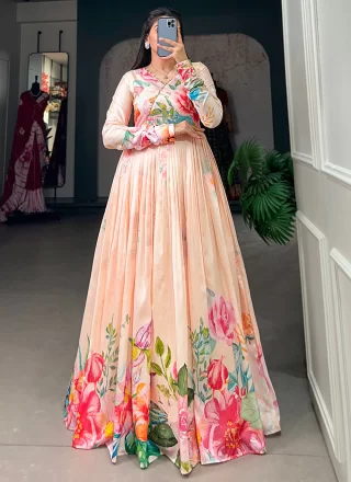 Cream Tussar Silk Floral Patch Work  Designer Gown