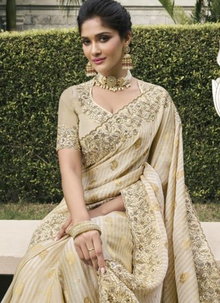 Cream Tussar Silk Patch Border, Embroidered, Moti, Stone, Weaving and Zari Work Traditional Saree