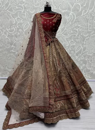 Cream Velvet Lehenga Choli with Diamond, Dori, Embroidered, Patch Border, Sequins, Thread and Zari Work for Bridal