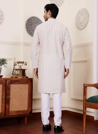 Cream Viscose Chikankari and Embroidered Work Kurta Pyjama for Casual