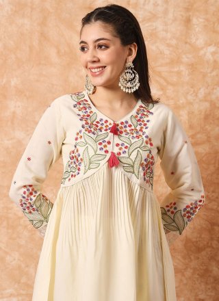Cream Viscose Embroidered Work Readymade Salwar Suit for Women
