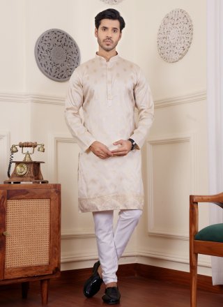 Cream Viscose Jacquard and Woven Work Kurta Pyjama for Men