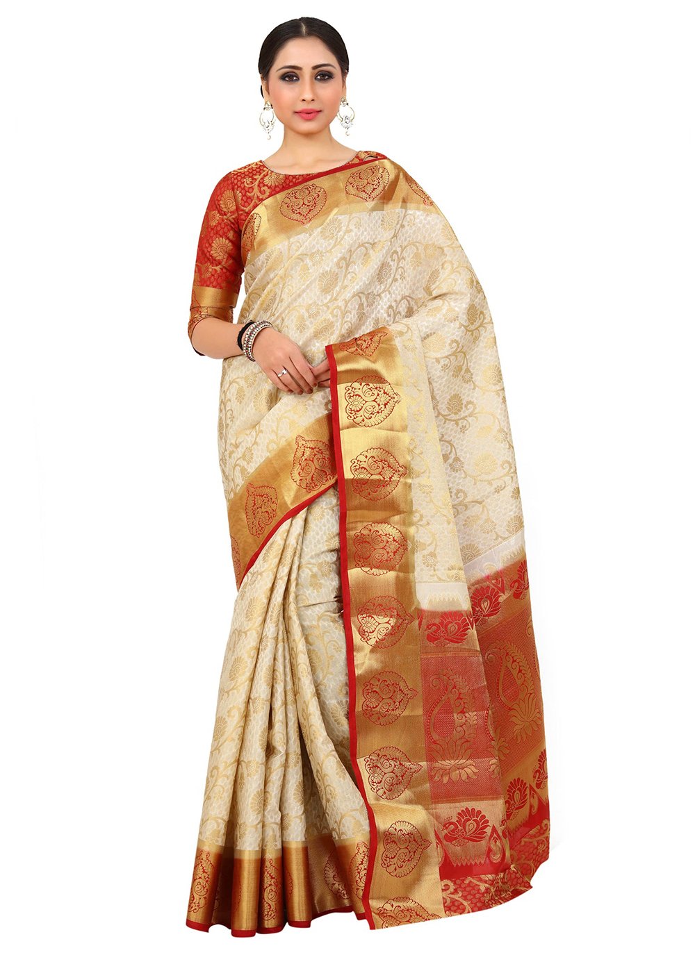 Shop Cream Pochampalli Ikkat Silk Saree with Red Border Online in USA –  Pure Elegance