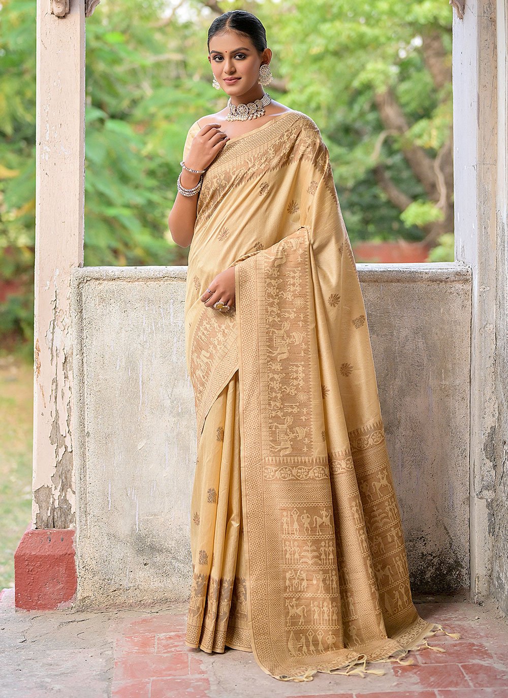 Ivory White Classic Saree with Self and Colored Embroidery - Seasons India