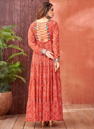 Crimson Faux Georgette  Designer Gown with Fancy, Mirror and Print Work for Ceremonial