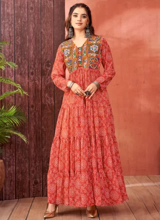 Crimson Faux Georgette  Designer Gown with Fancy, Mirror and Print Work for Ceremonial