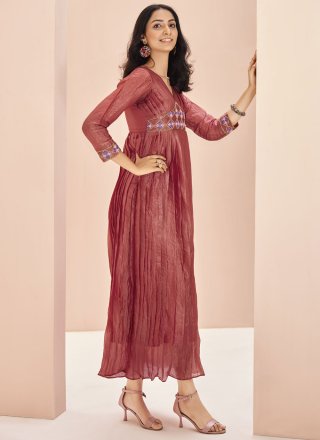 Crimson Organza Casual Kurti with Embroidered Work