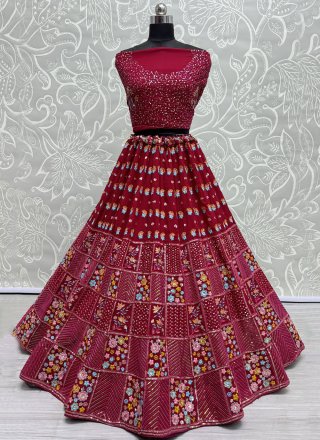 Crimson Sequins and Thread Work Georgette A - Line Lehenga Choli