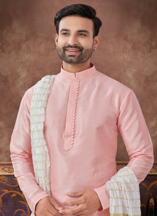 Customary Peach Art Silk Kurta Pyjama In Plain