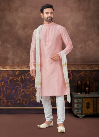 Customary Peach Art Silk Kurta Pyjama In Plain