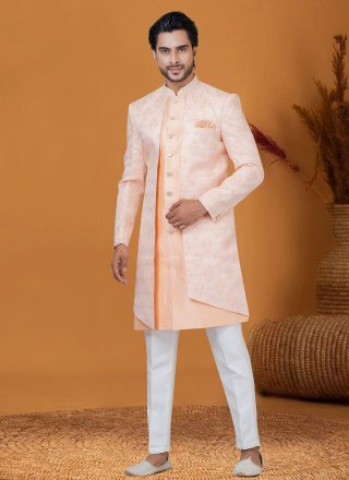 Customary Peach Jacquard Silk Indo Western with Jacquard Work