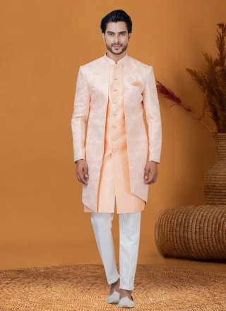 Customary Peach Jacquard Silk Indo Western with Jacquard Work