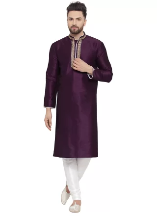 Customary Purple Dupion Silk Kurta Pyjama with Embroidered Work