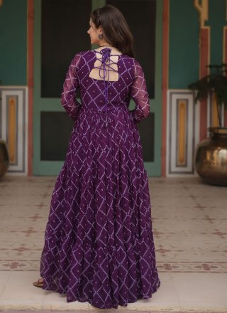 Cut and Mirror Work Faux Georgette Designer Gown In Purple for Festival
