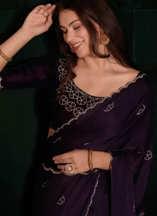 Cut and Zircon Work Georgette Satin Classic Sari In Purple