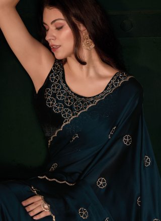 Cut and Zircon Work Georgette Satin Contemporary Saree In Teal