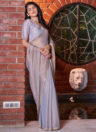 Cut Dana and Swarovski Work Chiffon Satin Contemporary Saree In Blue and Lavender for Ceremonial