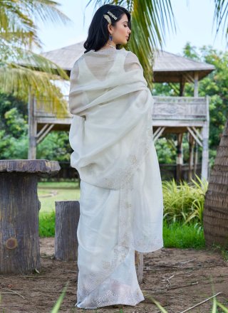 Cut Dana and Swarovski Work Fancy Fabric Contemporary Saree In White