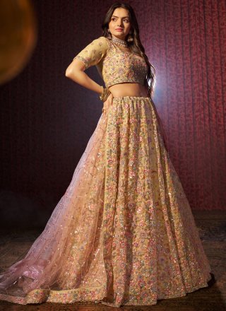 Cut Dana, Embroidered, Sequins, Stone and Thread Work Net Lehenga Choli In Yellow for Engagement