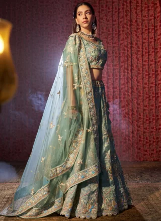 Cut Dana, Embroidered, Sequins, Stone and Thread Work Organza Lehenga Choli In Aqua Blue for Engagement