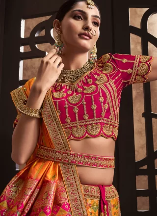 Cut, Embroidered and Patch Border Work Silk Lehenga Choli In Mustard and Pink