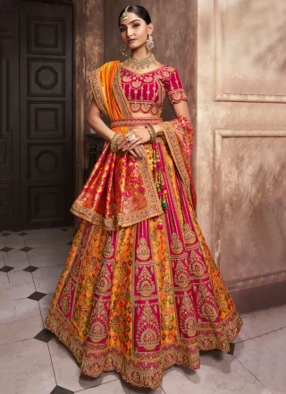 Cut, Embroidered and Patch Border Work Silk Lehenga Choli In Mustard and Pink