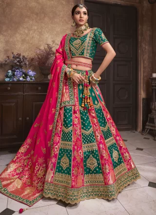 Cut, Embroidered, Patch Border and Sequins Work Silk A - Line Lehenga Choli In Pink and Rama