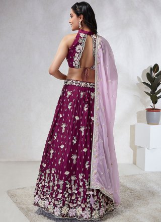 Cut, Embroidered, Sequins and Thread Work Georgette A - Line Lehenga Choli In Burgundy