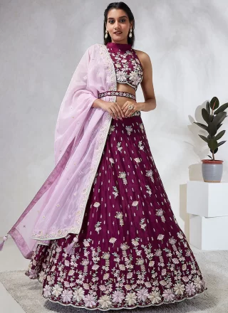 Cut, Embroidered, Sequins and Thread Work Georgette A - Line Lehenga Choli In Burgundy