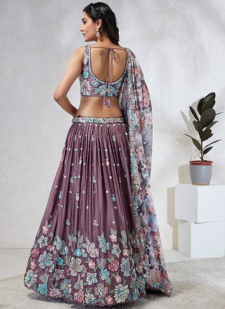 Cut, Embroidered, Sequins and Thread Work Georgette Lehenga Choli In Lavender