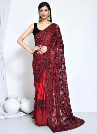 Cute Red Satin Silk Trendy Saree
