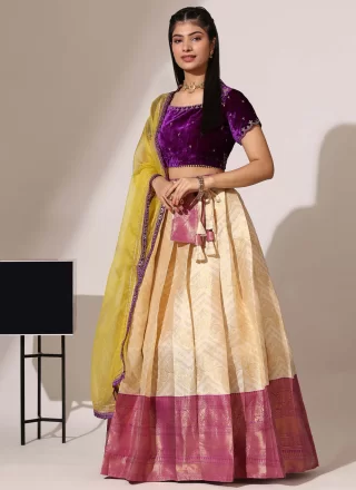 Dainty Cream Silk Lehenga Choli with Weaving Work