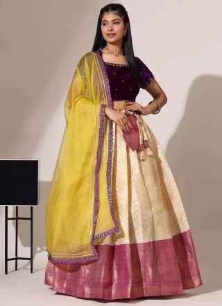 Dainty Cream Silk Lehenga Choli with Weaving Work