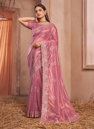 Dashing Pink Net Contemporary Saree with Embroidered and Swarovski Work