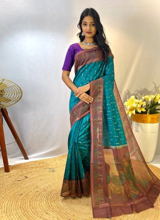Dashing Rama Chanderi Silk Trendy Saree with Patch Border and Print Work