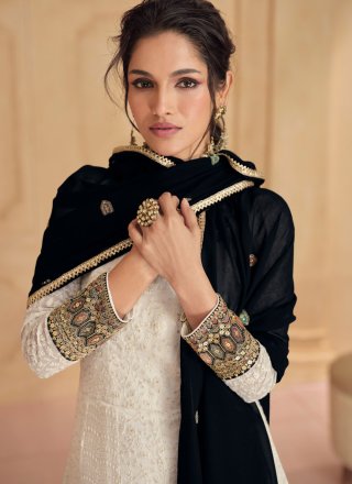 Dashing White Faux Georgette  Designer Gown with Embroidered and Sequins Work