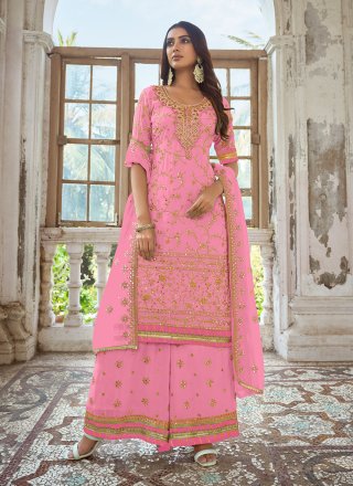 Delectable Pink Silk Salwar Suit with Embroidered Work