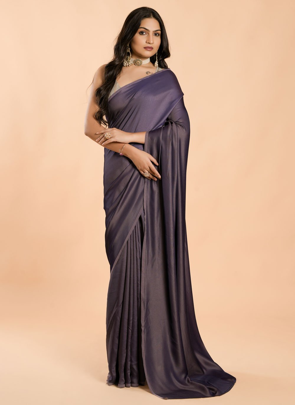 Mauve Satin Silk Saree With Handmade Tassels On Pallu – kreationbykj